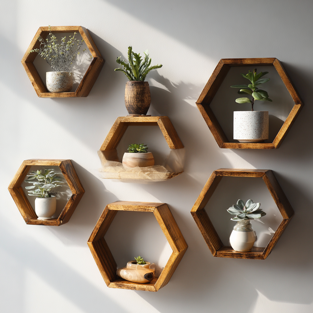 Geometric Wall Display with Wooden Hexagon Floating Shelves