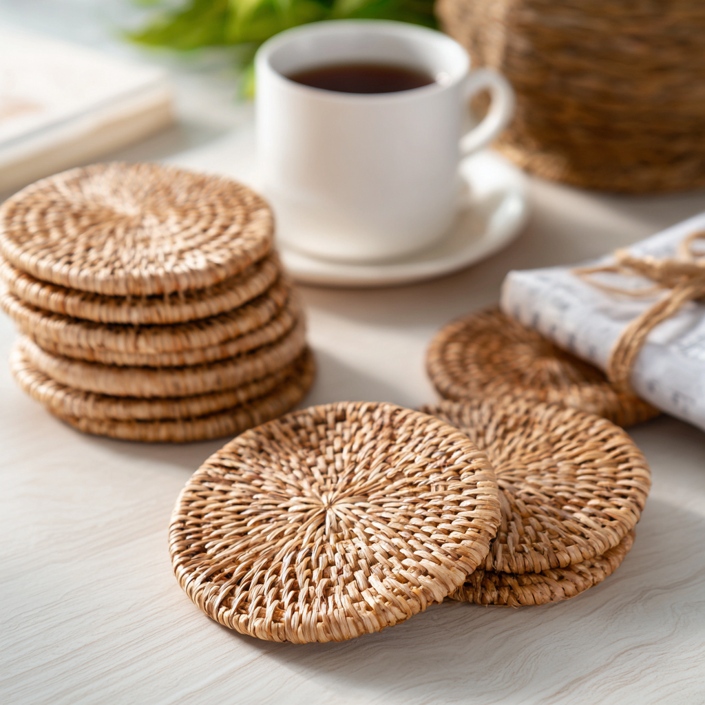 Handwoven Coaster Set – Natural Rattan Mug Mats
