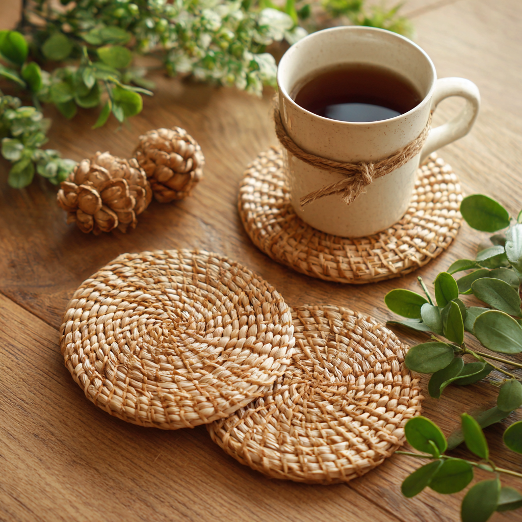 Handwoven Coaster Set – Natural Rattan Mug Mats