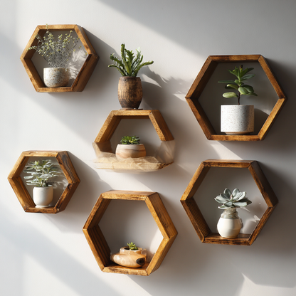 Geometric Wall Display with Wooden Hexagon Floating Shelves