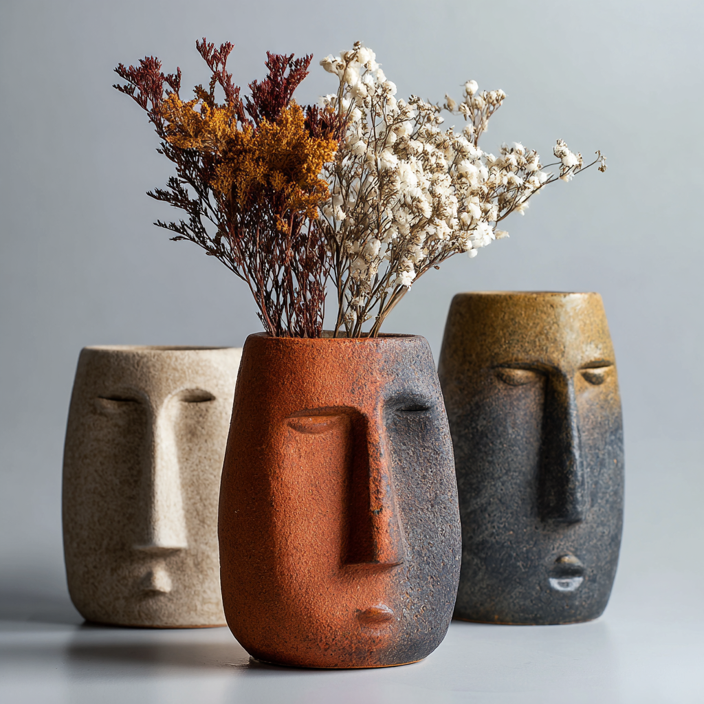 Ceramic Abstract Face Vase: Minimalist Art