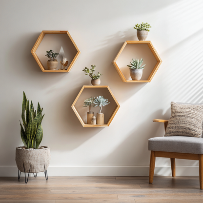 Geometric Wall Display with Wooden Hexagon Floating Shelves