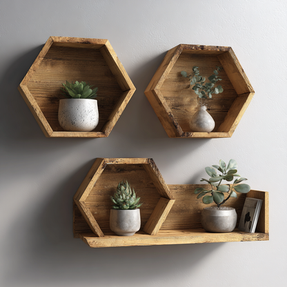 Geometric Wall Display with Wooden Hexagon Floating Shelves