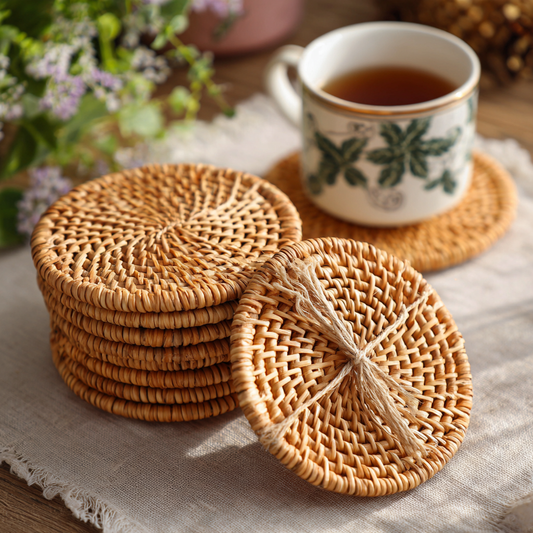 Handwoven Coaster Set – Natural Rattan Mug Mats